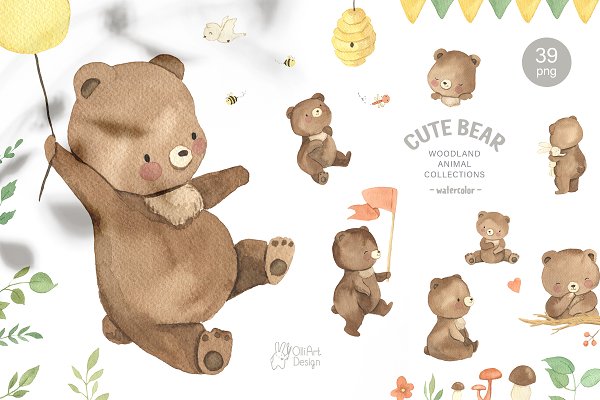 Download Bear watercolor clipart. Woodland