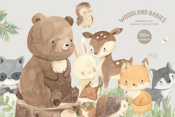 Download WOODLAND BABIES. Watercolor set