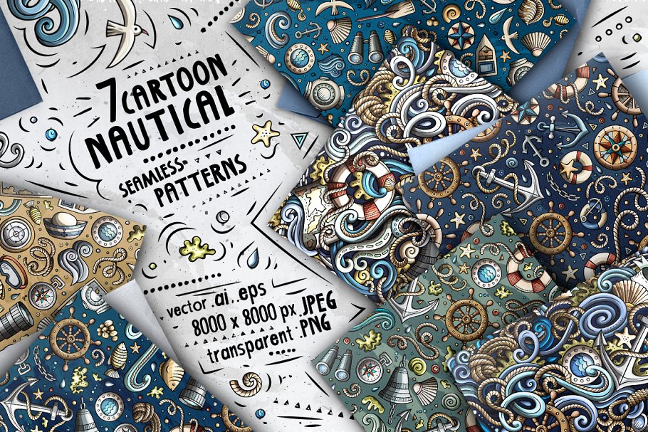 Download 7 Nautical Doodle Seamless Patterns