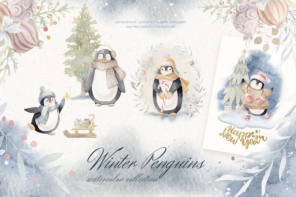 Download Winter Penguins - Watercolor Clipart