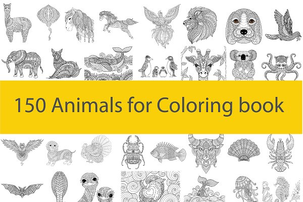 Download 150 animals for adult coloring book