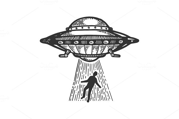 Download UFO kidnaps human engraving vector