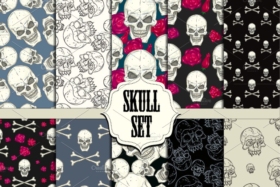 Download Skull set. Seamless patterns.
