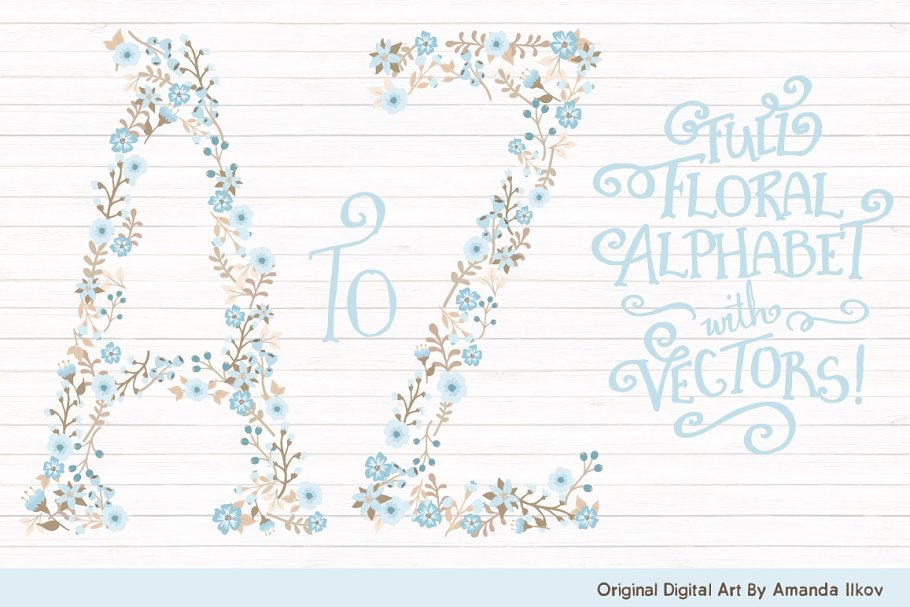 Download Soft Blue Floral Alphabet Clipart