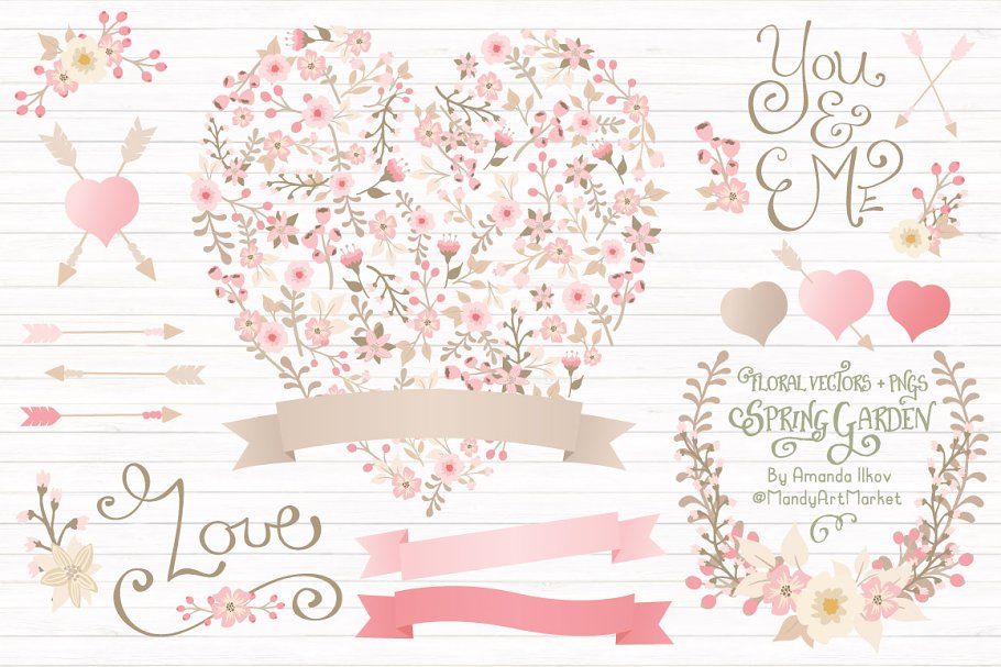 Download Soft Pink Floral Heart & Banners