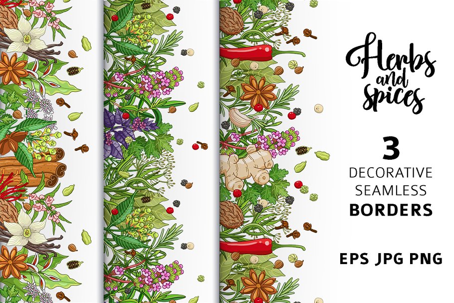 Download 3 spices and herbs seamless borders