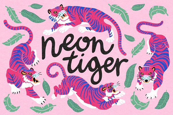 Download Neon tigers clipart and pattern