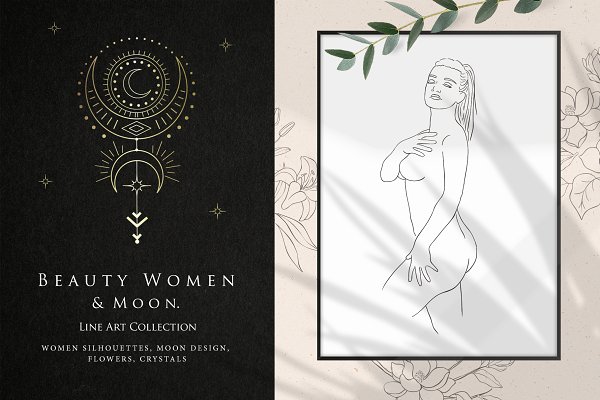 Download Beauty Women & Moon. Trendy Line Art