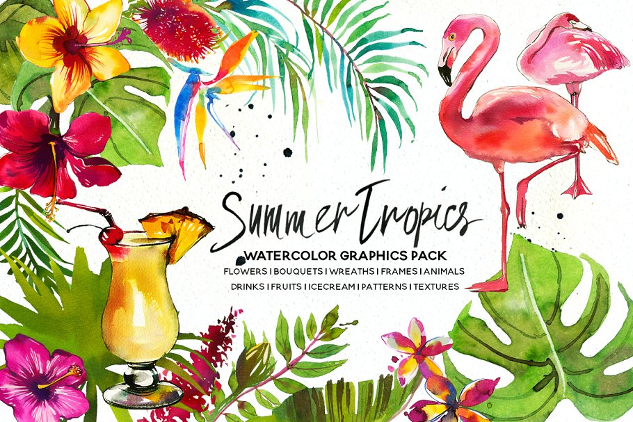 Download Tropic Watercolor Flowers & Animals