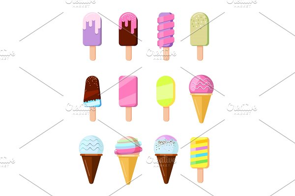 Download Cartoon ice cream in wafer cone set vector illustration