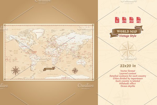 Download World Map Vector - Vintage Style