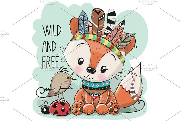Download Cute tribal Fox and bird with