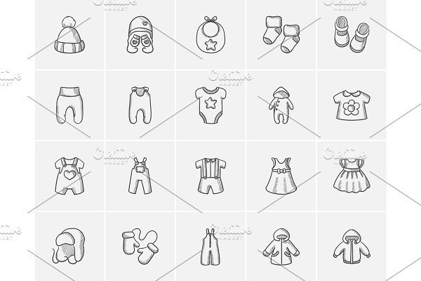 Download Baby clothes sketch icon set.