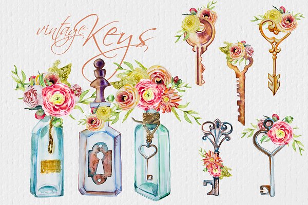 Download Watercolor Vintage Keys Clipart