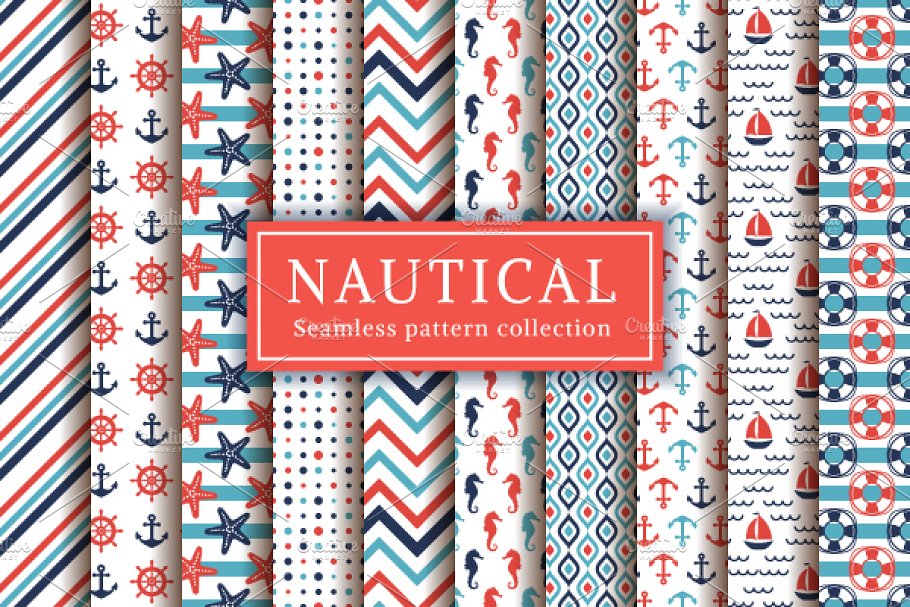 Download Nautical and sea seamless patterns