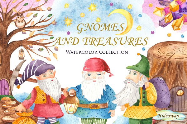 Download Gnomes and treasures. Watercolor.