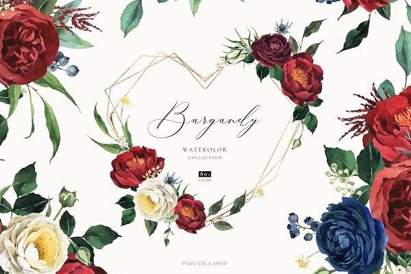 Download Burgundy & navy watercolor flowers