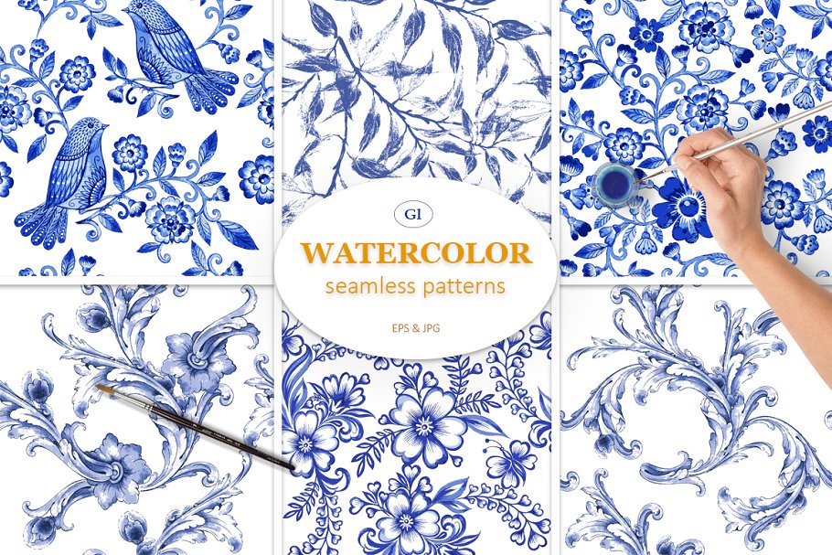 Download 6 hand-drawn blue watercolor pattern